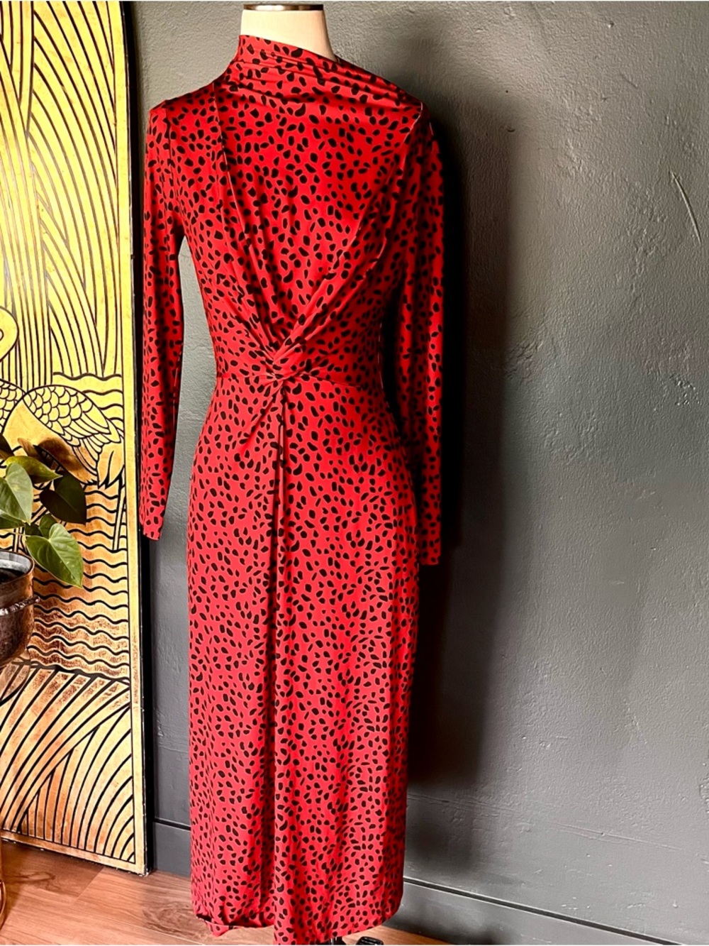 WAYF Long-Sleeve Red & Black Dots Twist-Front Maxi Dress, SZ. M